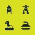Set Winter hat, Stone for curling, Flying duck and Inukshuk icon. Vector