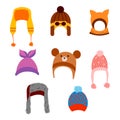 A set of winter hats of different shapes with a pattern. vector isolated on a white background