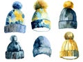 Set of winter hats isolated on white background. Watercolor illustration. Generative AI Royalty Free Stock Photo