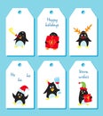 Set of winter holiday tags with cute penguins