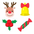 Set of winter holidays elements. Merry Christmas and happy New Year celebration. Reindeer, jingle bell, holly berry and Royalty Free Stock Photo