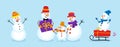 Set of winter holidays snowman. Cheerful merry christmas snowmens. the snowman family with gifts. Royalty Free Stock Photo