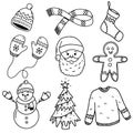 Set of winter hollidays outline doodles. Winter collection.