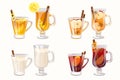 A set of winter hot drinks in mugs and glasses.Mulled wine, Tom and Jerry, apple punch, hot teddy.