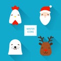 Set of winter icons with Christmas characters: rooster, Santa, sea calf and deer. Flat design.