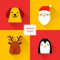 Set of winter icons with Christmas characters: yellow dog,