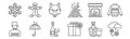 Set of 12 winter icons. outline thin line icons such as snow, gift, umbrella, fireplace, wolf, gingerbread