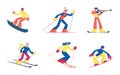 Set of Winter Kinds of Sport Activities Isolated on White Background. Skiing Snowboarding Biathlon Sportsmen