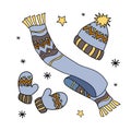 Set of winter knitted hats, scarf and mittens. Vector illustration. Royalty Free Stock Photo