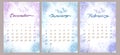 Watercolor Set Winter month Calendar template for 2022 year. December, January and February. Week Starts Sunday. Blue