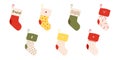 Set of winter New Year\'s socks. Flat clothing element and attributes of winter celebration with different designs, patterns, Royalty Free Stock Photo