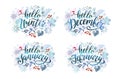 Set of winter phrases Hello Winter, Hello December, January, February. Winter banners with colorful leaves, snowflakes Royalty Free Stock Photo
