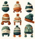 Set of 9 Winter Pull-over Hats Royalty Free Stock Photo