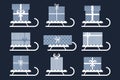 Set of winter sledges with gift boxes. Blue and white design. Print vector