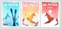 Set of Winter Sport posters. Ski Rental, Patrol, Pass. Mountain landscape. Snowboarder in motion. Vector illustration.