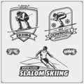 Set of winter sports emblems, labels and design elements. Skiing, downhill, slalom. Royalty Free Stock Photo