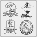 Set of winter sports emblems, labels and design elements. Skiing, downhill, slalom. Royalty Free Stock Photo