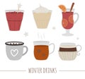 Set of winter traditional drinks. Holiday hot beverage collection. Vector illustration of cocoa, mulled wine, coffee, tea, eggnog Royalty Free Stock Photo