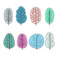 Set of winter trees abstract linear icons. Hand-drawn forest trees. Royalty Free Stock Photo