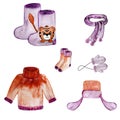 set of winter warm cozy clothes purple for the whole family