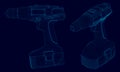 Set with a wireframe of the drill of blue lines on a dark background. Side view and isometry. 3D. Vector illustration Royalty Free Stock Photo