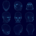Set with wireframes of polygonal human heads. The blue contours of the female head in different positions. 3D. Vector illustration