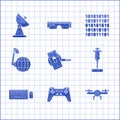 Set Wireless charger, Gamepad, Drone flying, Syringe, Keyboard and mouse, Social network, Binary code and Radar icon