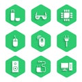 Set Wireless computer mouse, Charger, Computer monitor, Electric plug, Stereo speaker, Processor with microcircuits CPU
