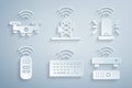 Set Wireless keyboard, Smart flasher siren, remote control, TV box receiver, antenna and drone icon. Vector Royalty Free Stock Photo