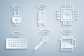 Set Wireless microphone, Processor with microcircuits CPU, keyboard, Smart electric kettle, stereo speaker and plug icon
