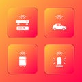 Set Wireless TV box receiver, Smart car system with wireless, refrigerator and flasher siren icon. Vector Royalty Free Stock Photo