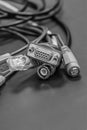 Set of wires assorted gray tones, hdmi, rj45 and coaxial closeup background Royalty Free Stock Photo