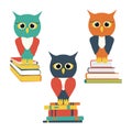 Set of wise owl on a stack of books. Owl characters. Back to school flat jpeg illustration