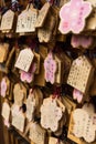 Wishes and prayers written outside temple in Japan