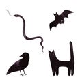 Set of witch animals: cat, bat, snake, raven. Ink and watercolor black silhouettes. Isolated hand drawn illustration on white Royalty Free Stock Photo