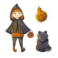 A set with a witch, a black cat and a scary pumpkin. Watercolor illustration for Halloween. A terrible night. Day of the Dead. A