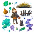 A set with a witch, a cat. pumpkin and magic smoke for halloween. Watercolor illustration for the feast of the dead. Dry grass and Royalty Free Stock Photo