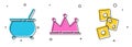 Set Witch cauldron, Crown and Game dice icon. Vector Royalty Free Stock Photo