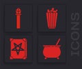 Set Witch cauldron, Magic staff, Popcorn in box and Ancient magic book icon. Vector