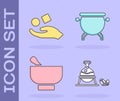 Set Witch cauldron and magic stone, Cube levitating above hand, Magic mortar and pestle and Witch cauldron icon. Vector Royalty Free Stock Photo