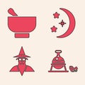 Set Witch cauldron and magic stone, Magic mortar and pestle, Moon and stars and Wizard warlock icon. Vector Royalty Free Stock Photo