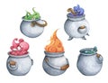 Set of Witch Cauldron, Steel black cauldron with boiling magic potion. Watercolor illustration for Halloween