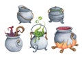 Set of Witch Cauldron, Steel black cauldron with boiling magic potion. Watercolor illustration for Halloween