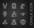 Set Witch, Ghost, Skull, Magic lamp or Aladdin, hat, Mask of the devil with horns, Unicorn and Rabbit ears icon. Vector Royalty Free Stock Photo