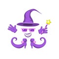 Set of witch hat glasses gloves boots wand magic smile on a white isolated background. Vector image Royalty Free Stock Photo