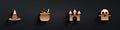 Set Witch hat, Halloween witch cauldron, Castle and Ghost icon with long shadow. Vector Royalty Free Stock Photo