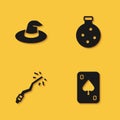 Set Witch hat, Playing cards, Magic wand and Bottle with potion icon with long shadow. Vector Royalty Free Stock Photo