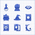 Set Witch hat, Playing cards, Moon and stars, Ancient magic book, cauldron, Pentagram and Bottle with love potion icon Royalty Free Stock Photo