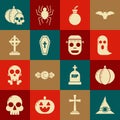 Set Witch hat, Pumpkin, Ghost, Bomb ready to explode, Coffin with christian cross, Tombstone, and skull and Zombie mask