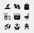 Set Witch hat, Socks, School backpack, Candy, Scarecrow, Winter, Tractor and October calendar autumn icon. Vector